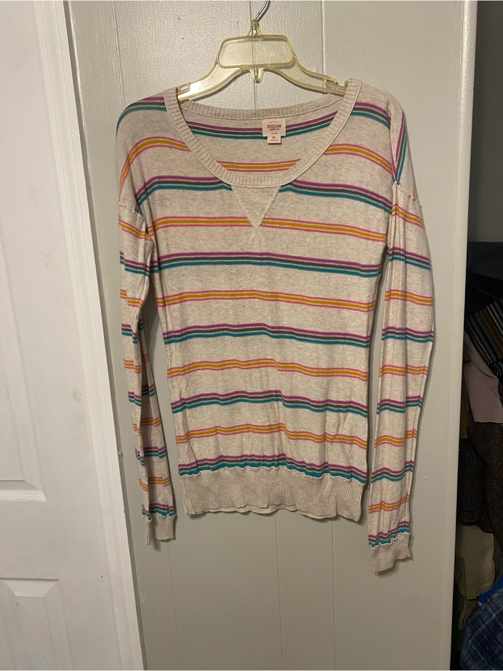 Y2K Mossimo Supply Co. Cream Crewneck Sweater with Teal Pink and Gold Stripes